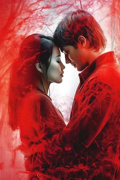 愛し合うアジア人カップルが抱き合う 多重露光ジェネレーティブ AI を使用したロマンチックな小説の本の赤い表紙