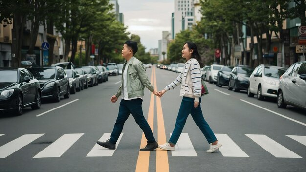 Asian couple tourist crossing the road