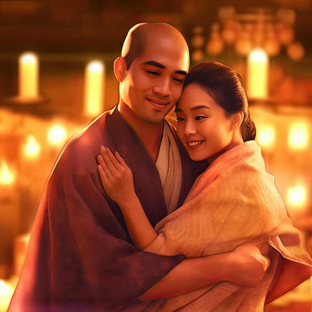 Asian couple in traditional clothes hugging each other