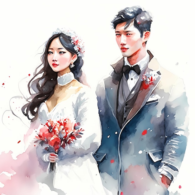 asian couple winter wedding water color