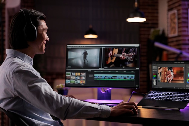 Asian creator editing movie footage with media software,\
working on film montage production. creating video content with\
color grading and visual effects, using computer interface at\
home.