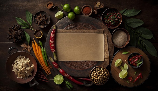 Фото Ингредиенты азиатской кухни продовольственный фон для макета презентационного плаката дерево и черный фон