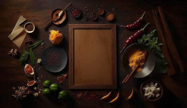 Asian cuisine ingredients food background for mockup presentation poster Wood and black background