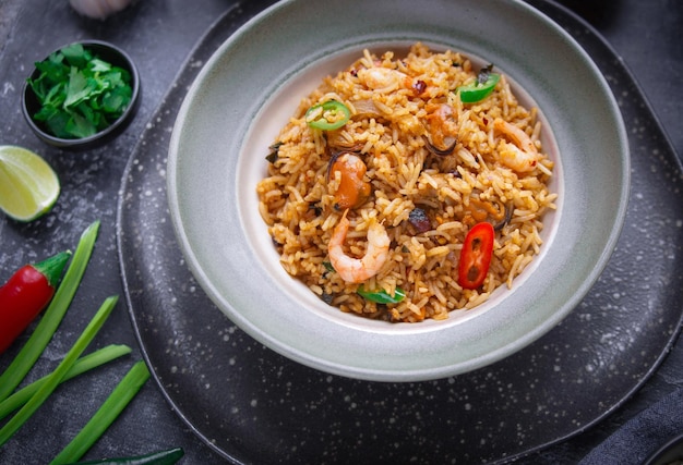 Asian Cuisine,  Nasi goreng, Seafood rice on dark