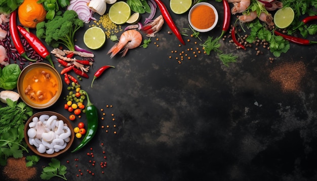 Asian cuisine with various ingredients on a rustic table