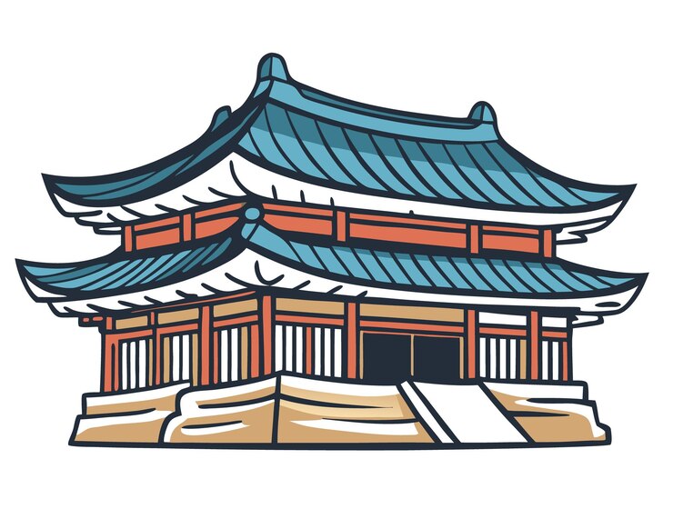 아시아 문화 요소 또는 아시아의 상징 전통적인 아시아 사원은 작은 돌 벽에 서 있습니다.
