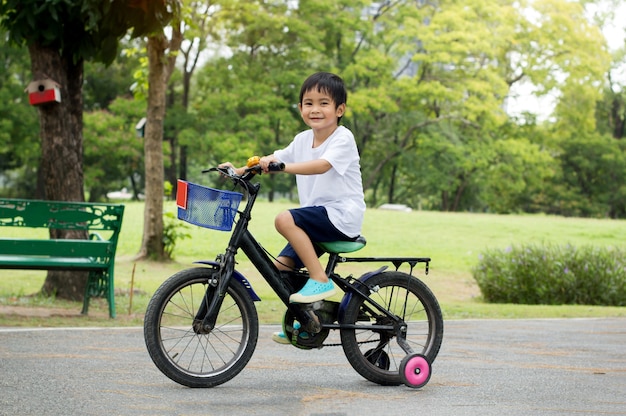 Il ragazzo sveglio asiatico guida una bicicletta al fondo della natura di verde del parco.