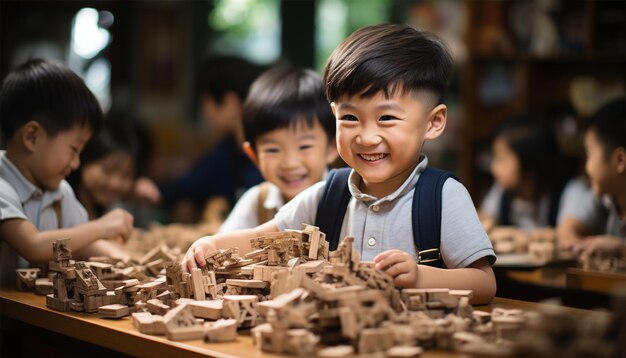 写真 アジアの可愛い子供たちはおもちゃで遊び幼稚園の生徒はおもちゃを遊ぶときに微笑む