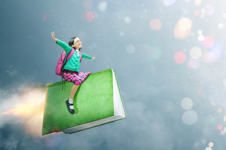 फोटो asian cute girl with glasses and backpack sitting on the book