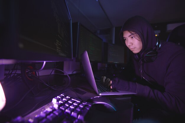 Asian cyber security hacker wearing hood while working on programming in dark room, copy space