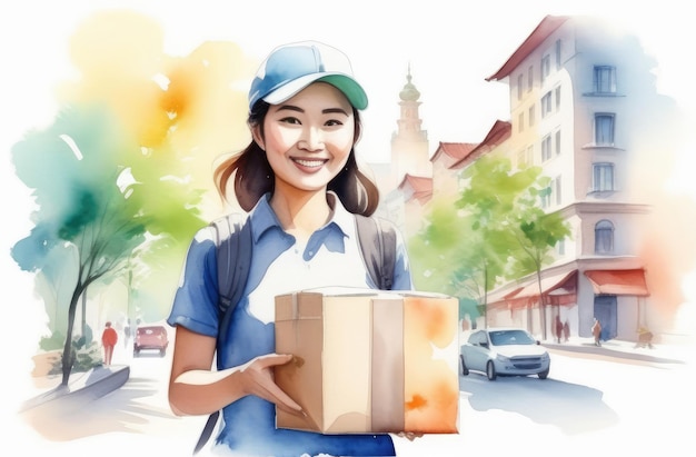 азиатская девушка-доставщица улыбается, держит пакет и идет по улице города акварель иллюстрация