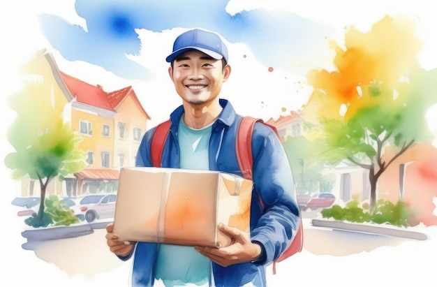 asian delivery man smiling holding package while walking on city street watercolor illustration