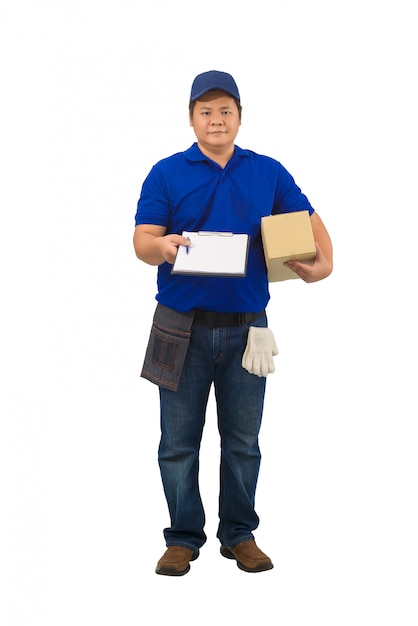 Asian delivery man working in blue shirt with Waist bag for equipment hand holding parcel and presenting receiving form for signing isolated white surface