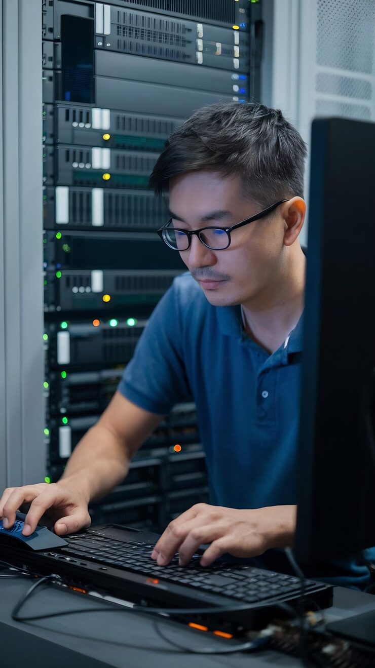 Photo 亞洲開發者在防火牆伺服器上使用電腦和二進制代碼編程程式