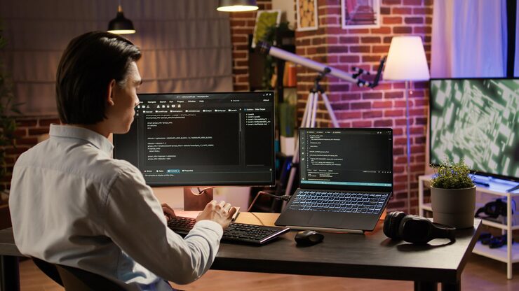 Photo asian developer programming code on firewall server, using computer and binary code to program application system. coding security network with hacking encryption. .