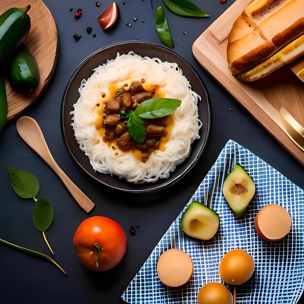 asian dish with some bread and tomato background