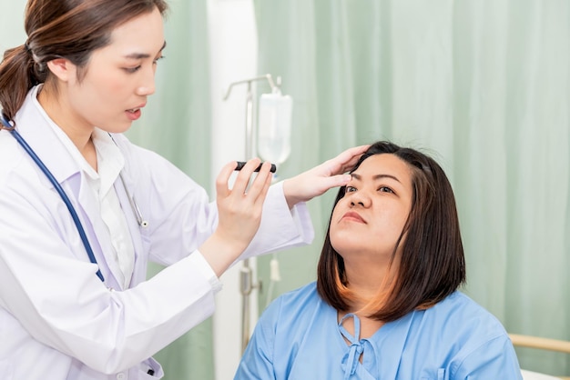 Asian doctor checking the eyes of a woman patient to people health care and Cataract disease concept