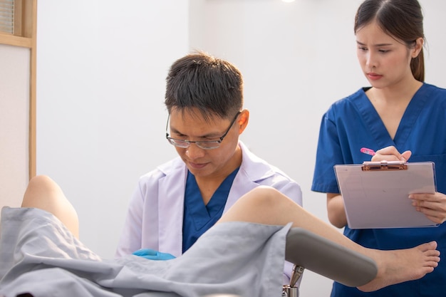 Asian doctor conducting a pelvic exam on a patient at hospital or in premium clinic gynecological examination Wellbeing of women concept