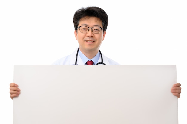 An Asian doctor holding a blank message board.