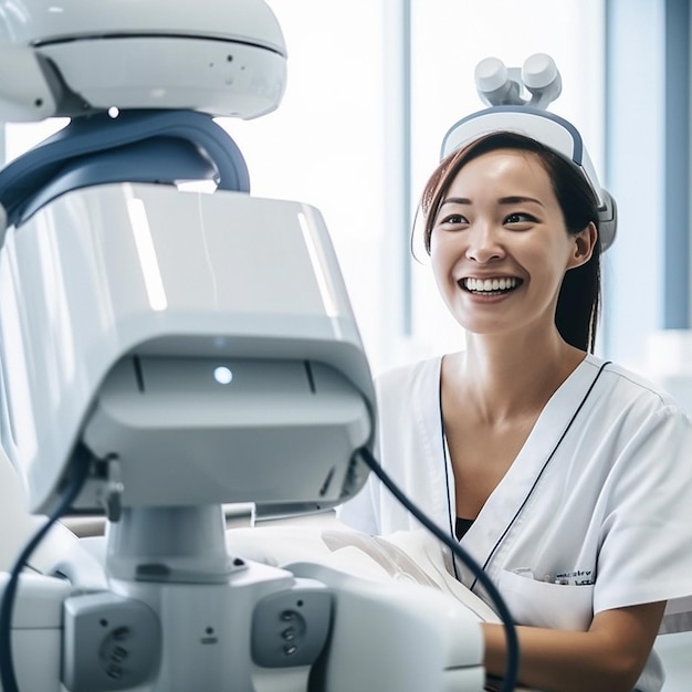 Asian doctor robot and hospital for future of healthcare with progress smile and happiness