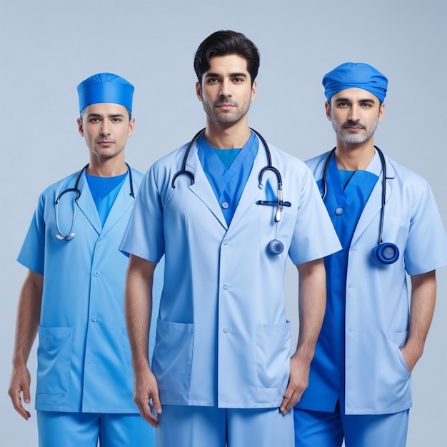 アジアの医師チームは青い色の医師の制服を着ます
