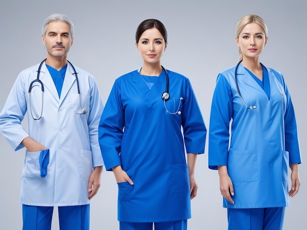 アジアの医師チームは青い色の医師の制服を着ます