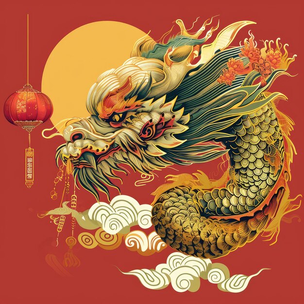 Asian dragon illustration logo with lantern in chinese new year style