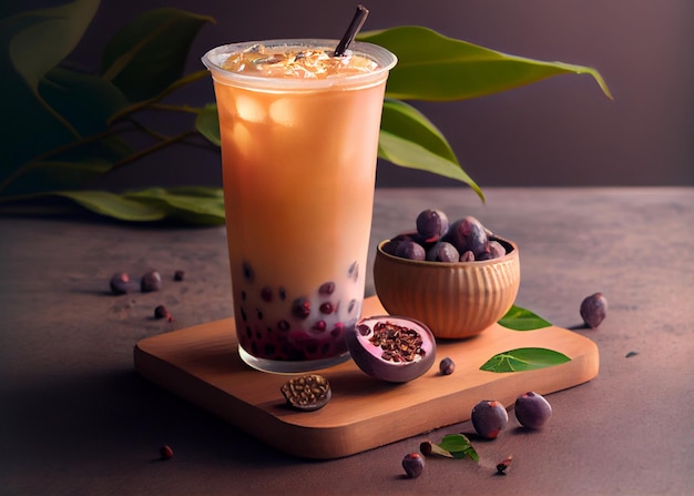 Asian drink iced milk tea with red bean topping bubble tea in clear plastic take away cup AI Generated