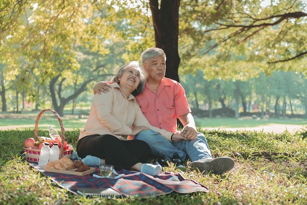 Foto coppia anziana asiatica moglie e marito attraenti picnic e rilassarsi sul prato verde in giardino sono sorriso e felice insieme a relazione di età pensionabile e concetto di natura