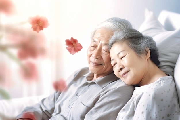 Азиатская пожилая пара влюбленных мужчина и женщина лежат в постели Любовь и романтика Семейная идилия Счастливое утро для влюбленных День святого Валентина