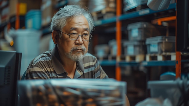 Photo an asian elderly man is working at warehouse