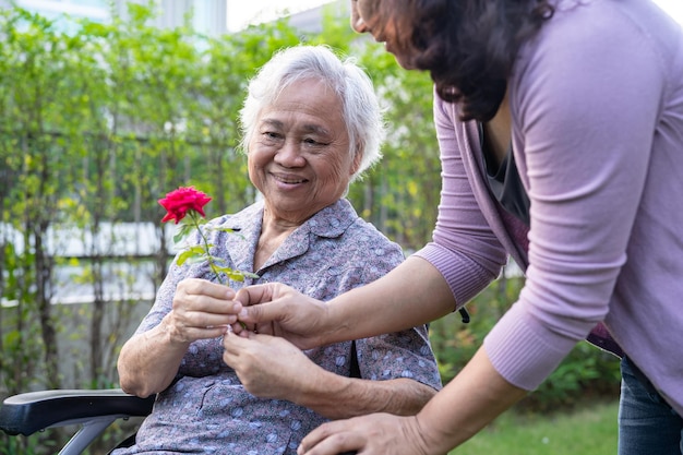 日当たりの良い庭で赤いバラの花の笑顔と幸せを保持しているアジアの年配の女性