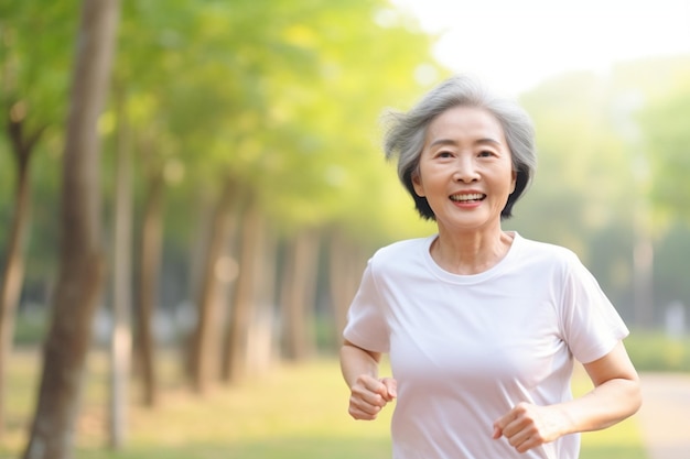 Asian elderly woman jogging in the park in the morning she smiles happy healthy body concept of heal