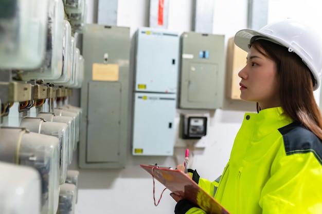 Asian electric engineer holding clipboard for checking and\
monitoring the electrical system in the control roomtechnician\
thailand people working