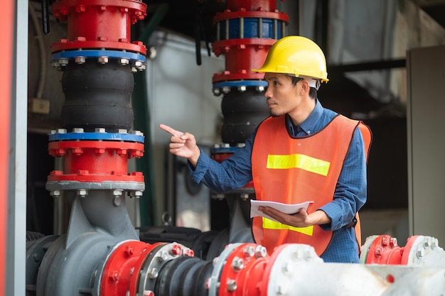 Asian Engineer checking machine machine in factory