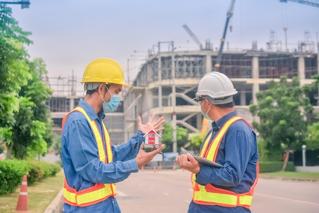 Squadra di costruzione di ingegneri asiatici che controlla il lavoro per il controllo e la gestione nel cantiere o nel cantiere