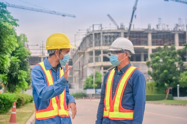 Asian engineer and foreman worker with touch pad discuss plan working for the outdoors building construction site