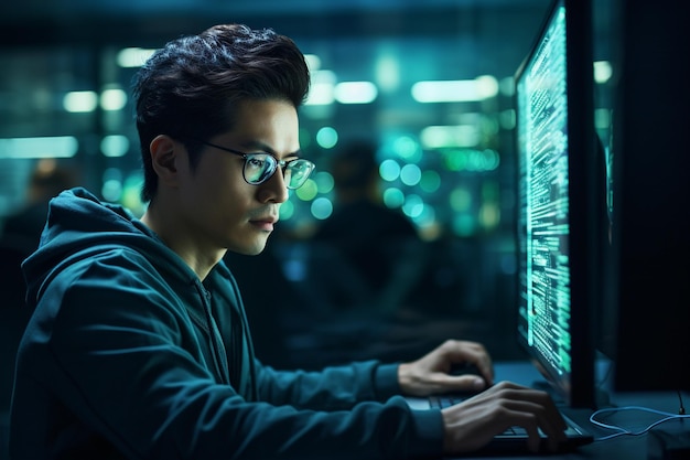 Asian engineer man looking at computer screen with data