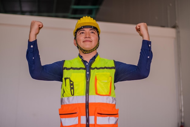 Foto ingegnere asiatico in piedi in fabbrica distacco fiducioso ingegnere costruzione felice successo di lavoro con nella pianificazione degli obiettivi