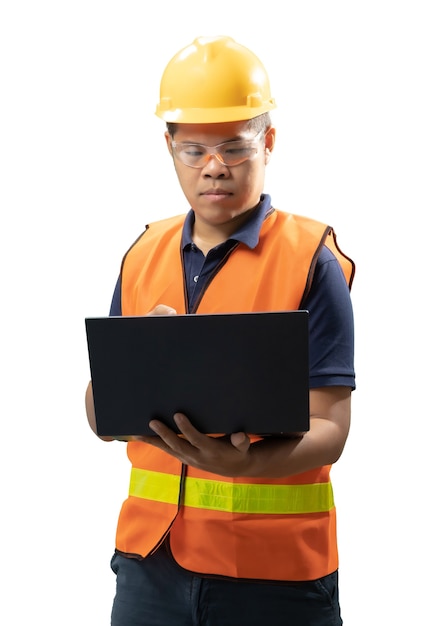 Asian engineer or technician wear safety helmet and reflective vest hold computer notebook