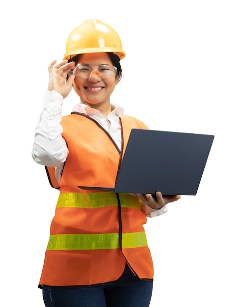 Asian engineer or technician wear safety helmet and reflective vest hold notebook