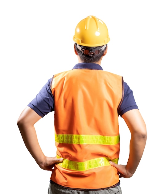 Photo asian engineer or technician wear safety helmet and reflective vest rear view