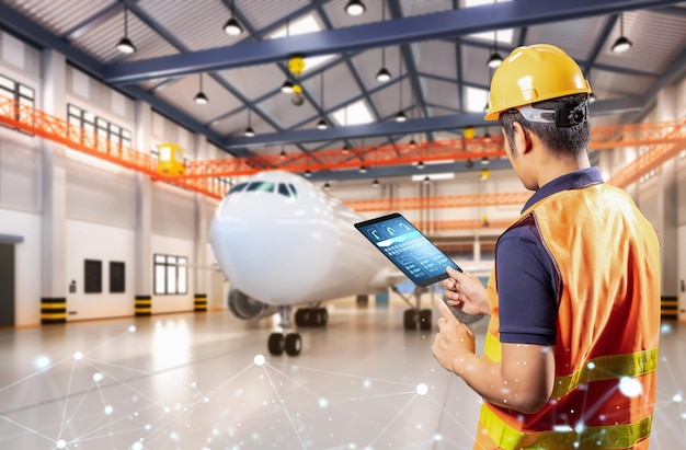 Asian engineer or technician work with airplane in hangar