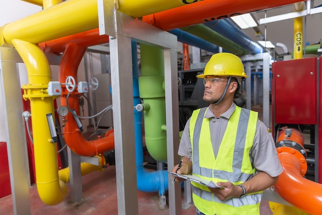 Asian engineer wearing glasses working in the boiler roommaintenance checking technical data of heating system equipmentThailand people