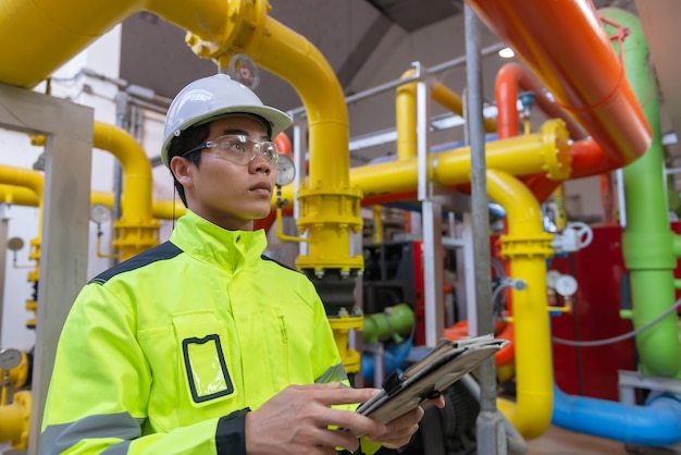 Asian engineer wearing glasses working in the boiler\
roommaintenance checking technical data of heating system\
equipmentthailand people