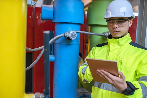 Asian engineer wearing glasses working in the boiler roommaintenance checking technical data of heating system equipmentthailand people