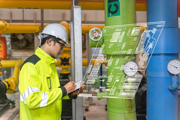 Asian engineer wearing glasses working in the boiler roommaintenance checking technical data of heating system equipmentThailand people