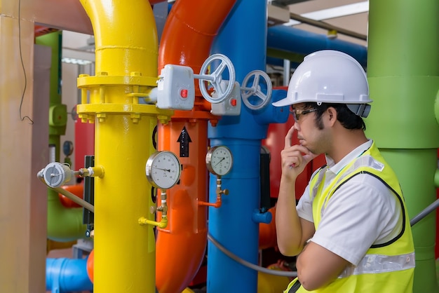 Asian engineer wearing glasses working in the boiler roommaintenance checking technical data of heating system equipmentThailand people