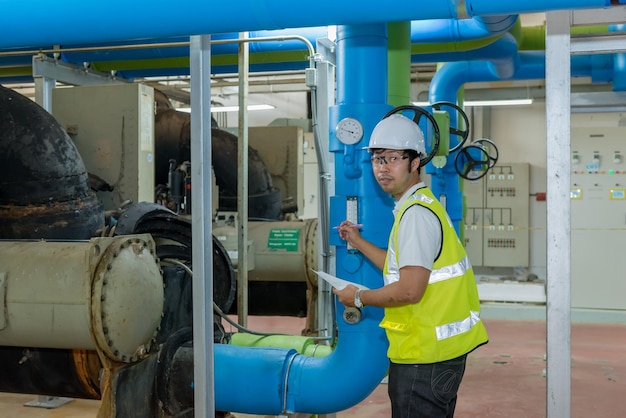 Asian engineer wearing glasses working in the boiler roommaintenance checking technical data of heating system equipmentThailand people