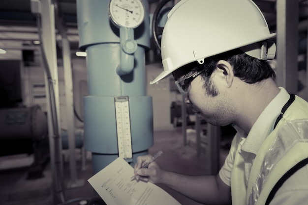 Asian engineer wearing glasses working in the boiler roommaintenance checking technical data of heating system equipmentThailand people